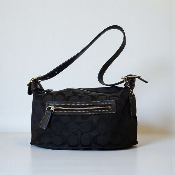 Coach Signature Black Jacquard Demi Shoulder Bag 6044 Leather Y2K Small Purse - Picture 1 of 16